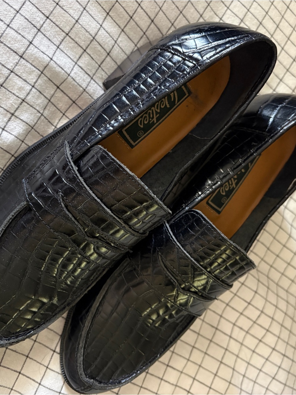 Vintage Heeled Westies Black Croc-Embossed Leather Penny Loafers, never worn??